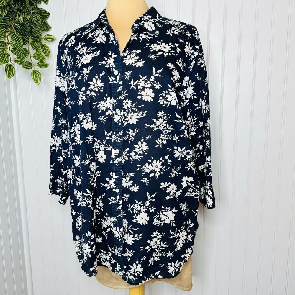 Lauren Ralph Lauren Women Sz 2XL Blue White Floral Button Down Shirt 100% Cotton